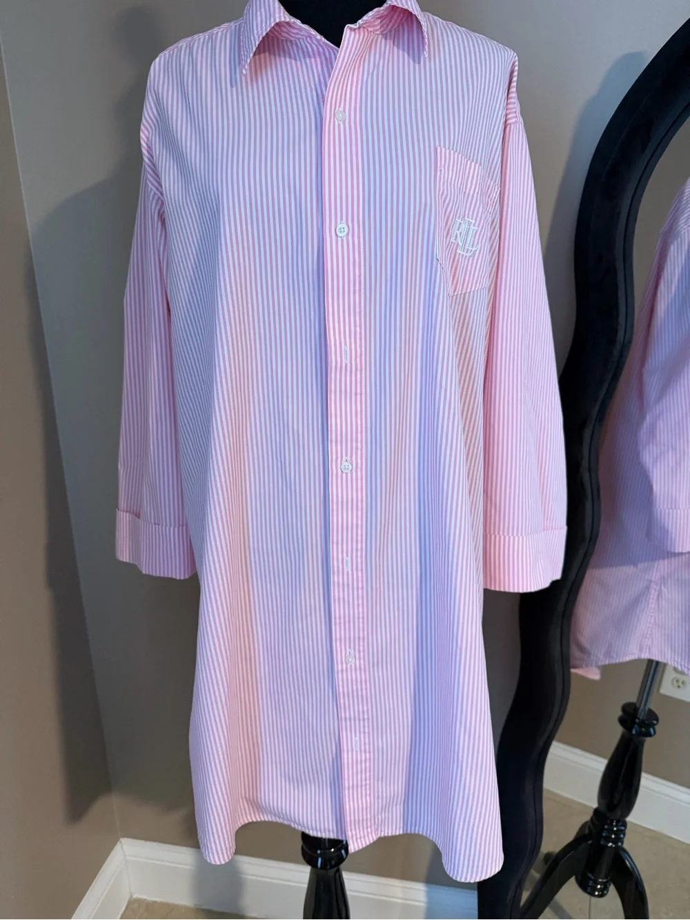 Lauren Ralph Lauren Pink Striped Cotton Poplin Sleep Shirt / Nightshirt - SizeXL